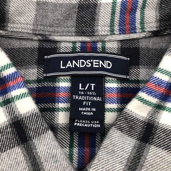 Lands End Mens Flannel Shirt Black White Plaid Size Large Button Down Casual Emo - Picture 6 of 11